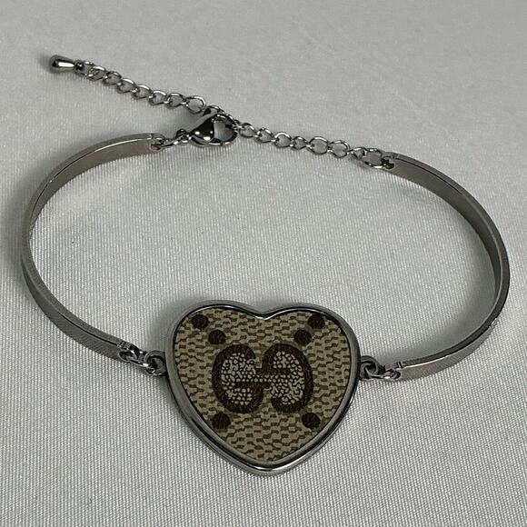 Gucci Monogram Canvas Heart Cabochon Silver Stainless Steel Bracelet - Picture 1 of 3